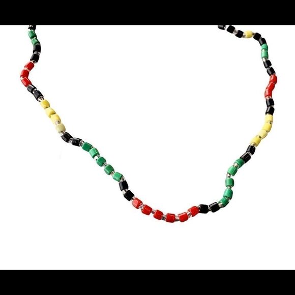 Vintage hand blown glass bead red-green-yellow-black clear  necklace 22”L - Picture 2 of 14